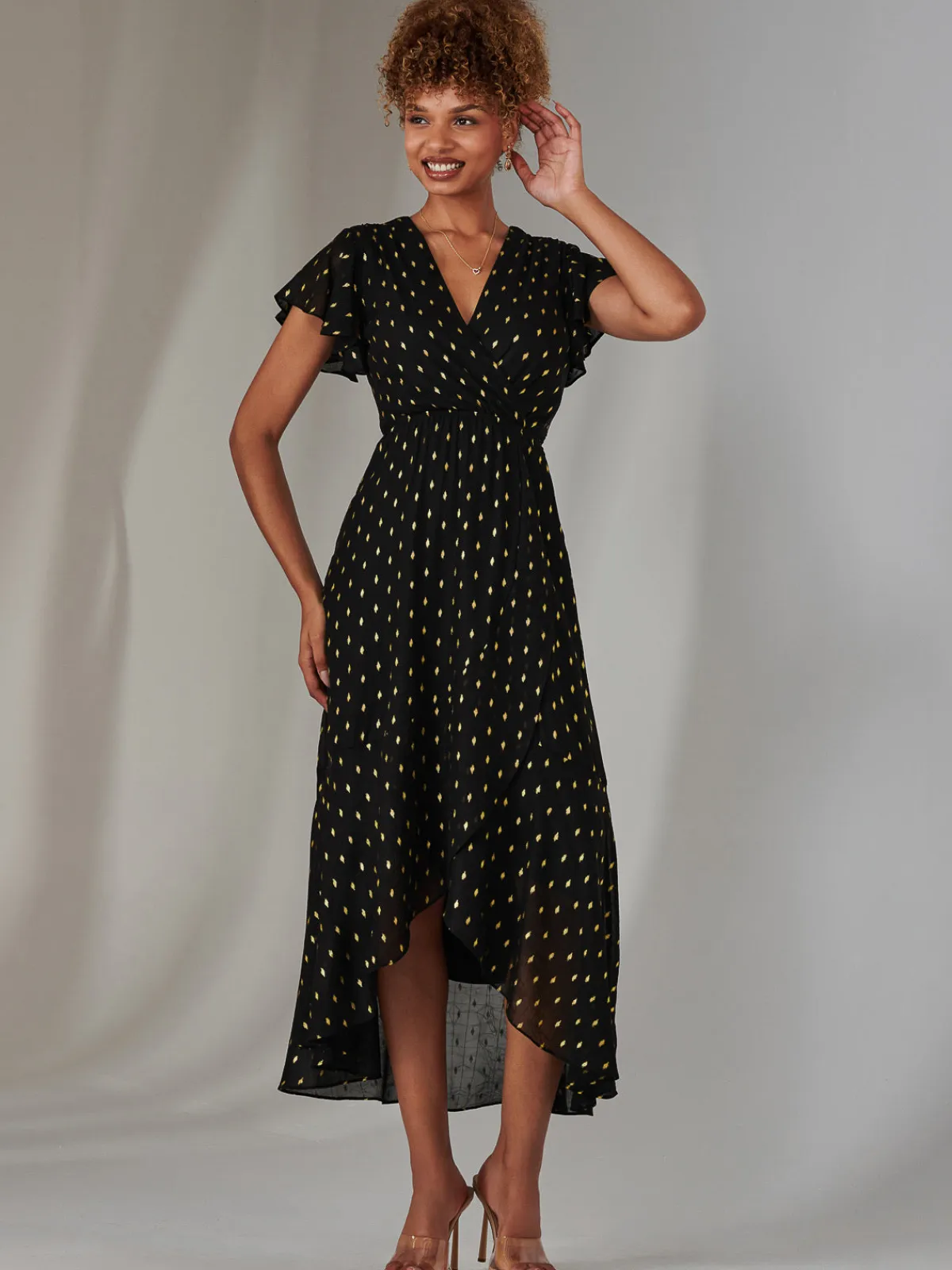 Jolie Moi Occasion Dresses|Wrap Dresses-Metallic Spot Textured Chiffon Maxi Dress, Black