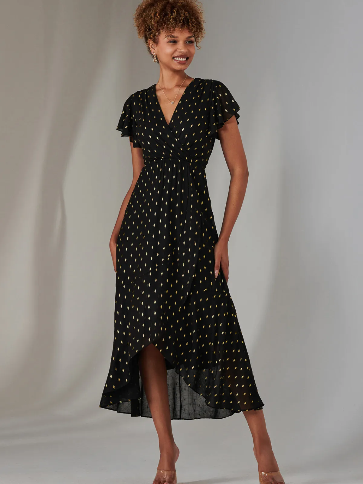 Jolie Moi Occasion Dresses|Wrap Dresses-Metallic Spot Textured Chiffon Maxi Dress, Black