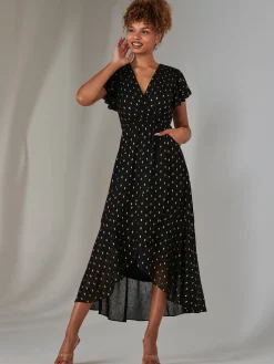 Jolie Moi Occasion Dresses|Wrap Dresses-Metallic Spot Textured Chiffon Maxi Dress, Black