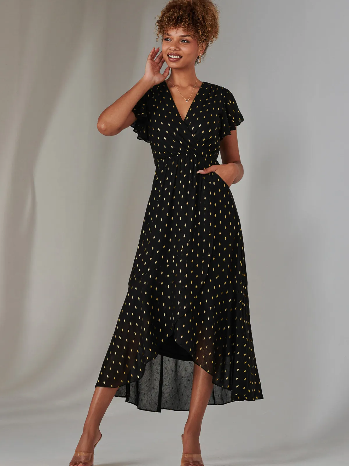 Jolie Moi Occasion Dresses|Wrap Dresses-Metallic Spot Textured Chiffon Maxi Dress, Black