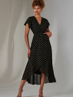 Jolie Moi Occasion Dresses|Wrap Dresses-Metallic Spot Textured Chiffon Maxi Dress, Black