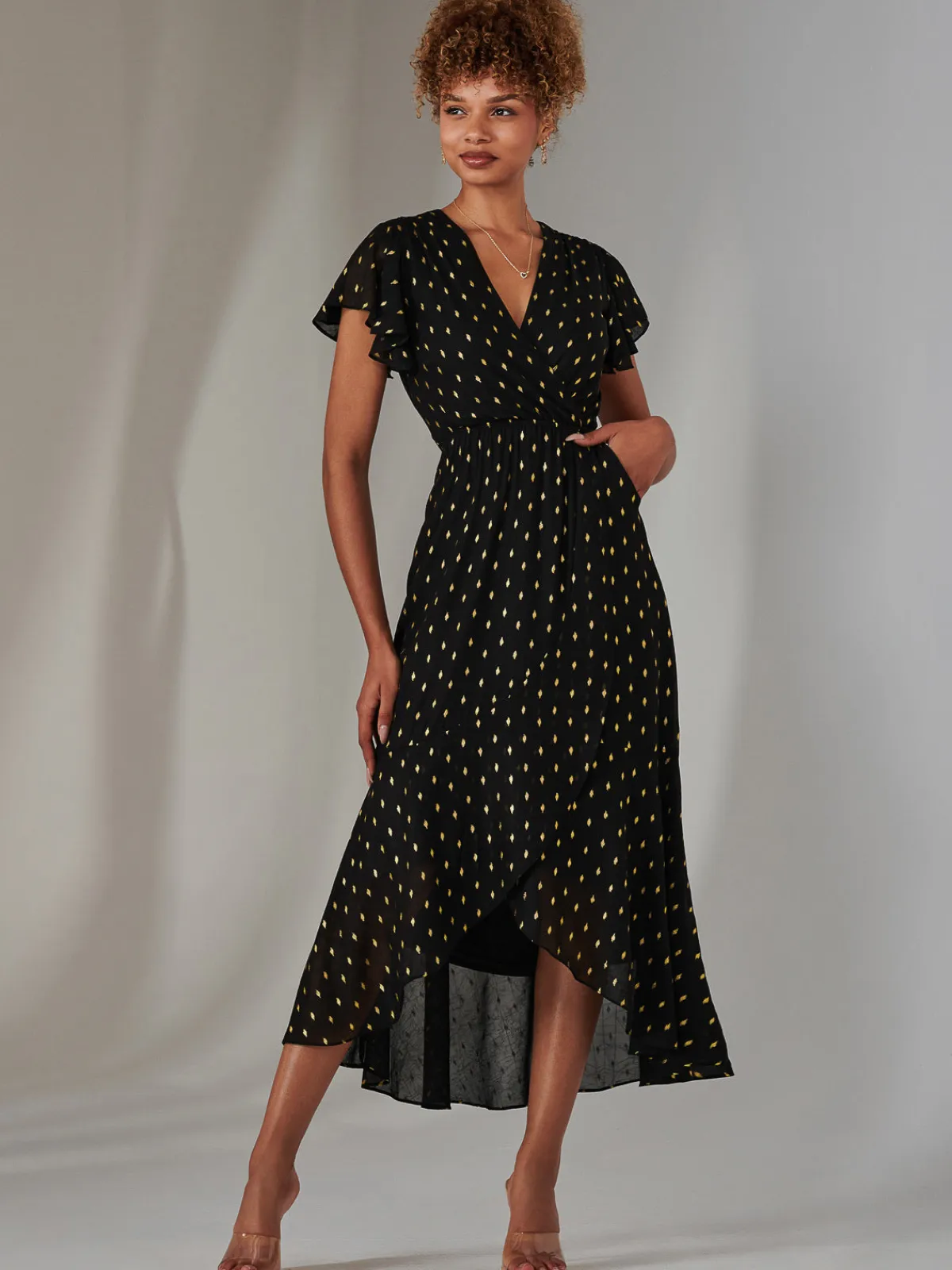 Jolie Moi Occasion Dresses|Wrap Dresses-Metallic Spot Textured Chiffon Maxi Dress, Black
