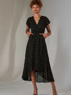 Jolie Moi Occasion Dresses|Wrap Dresses-Metallic Spot Textured Chiffon Maxi Dress, Black