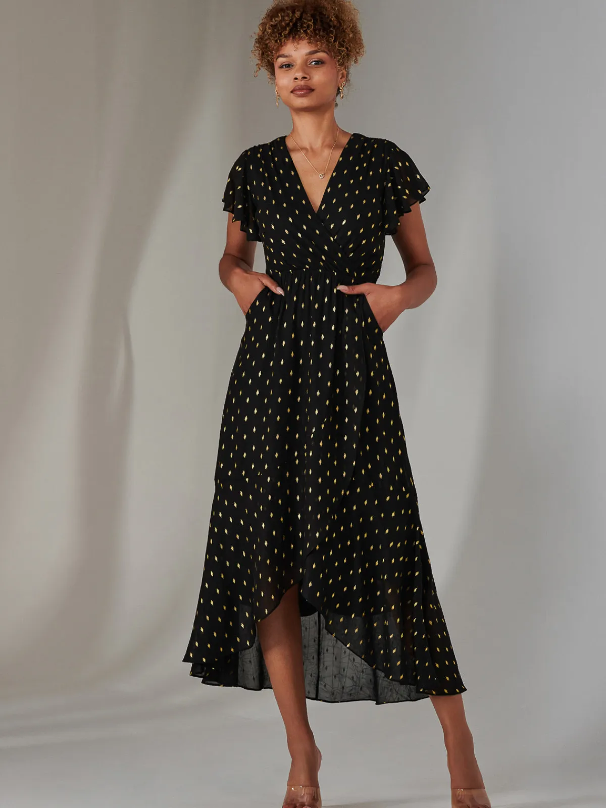 Jolie Moi Occasion Dresses|Wrap Dresses-Metallic Spot Textured Chiffon Maxi Dress, Black
