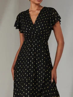 Jolie Moi Occasion Dresses|Wrap Dresses-Metallic Spot Textured Chiffon Maxi Dress, Black