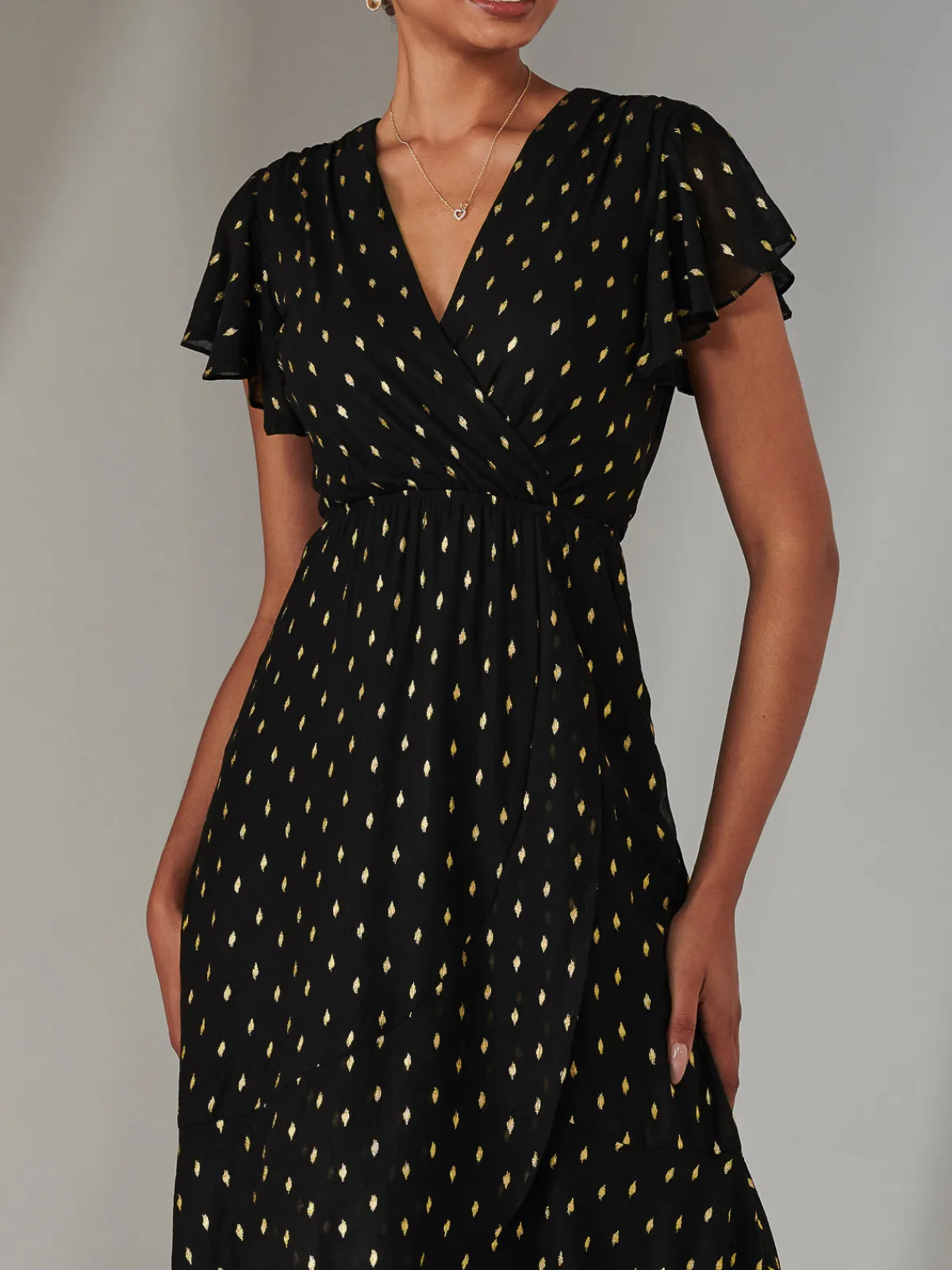 Jolie Moi Occasion Dresses|Wrap Dresses-Metallic Spot Textured Chiffon Maxi Dress, Black