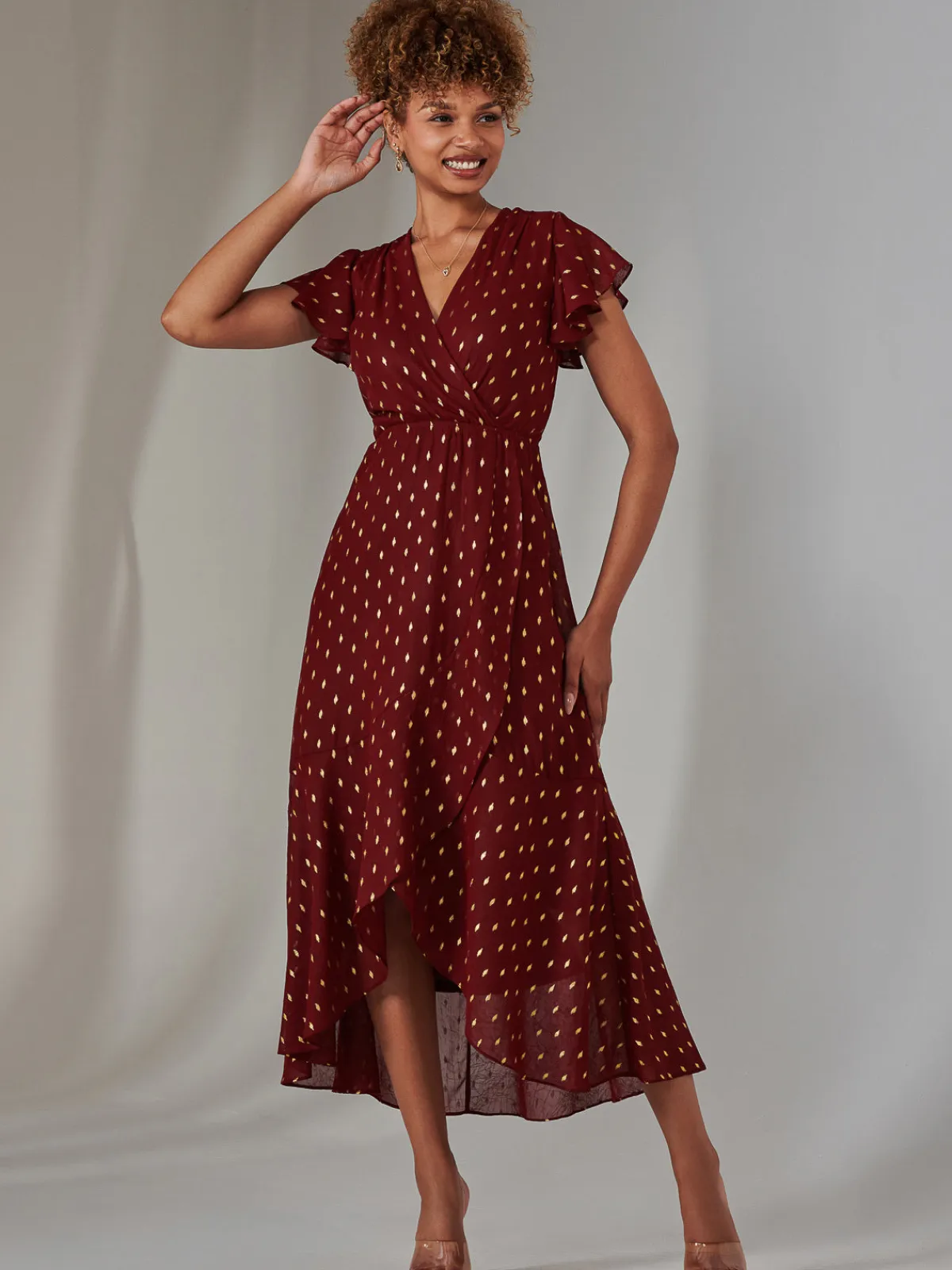 Jolie Moi Occasion Dresses|Wrap Dresses-Metallic Spot Textured Chiffon Maxi Dress, Burgundy