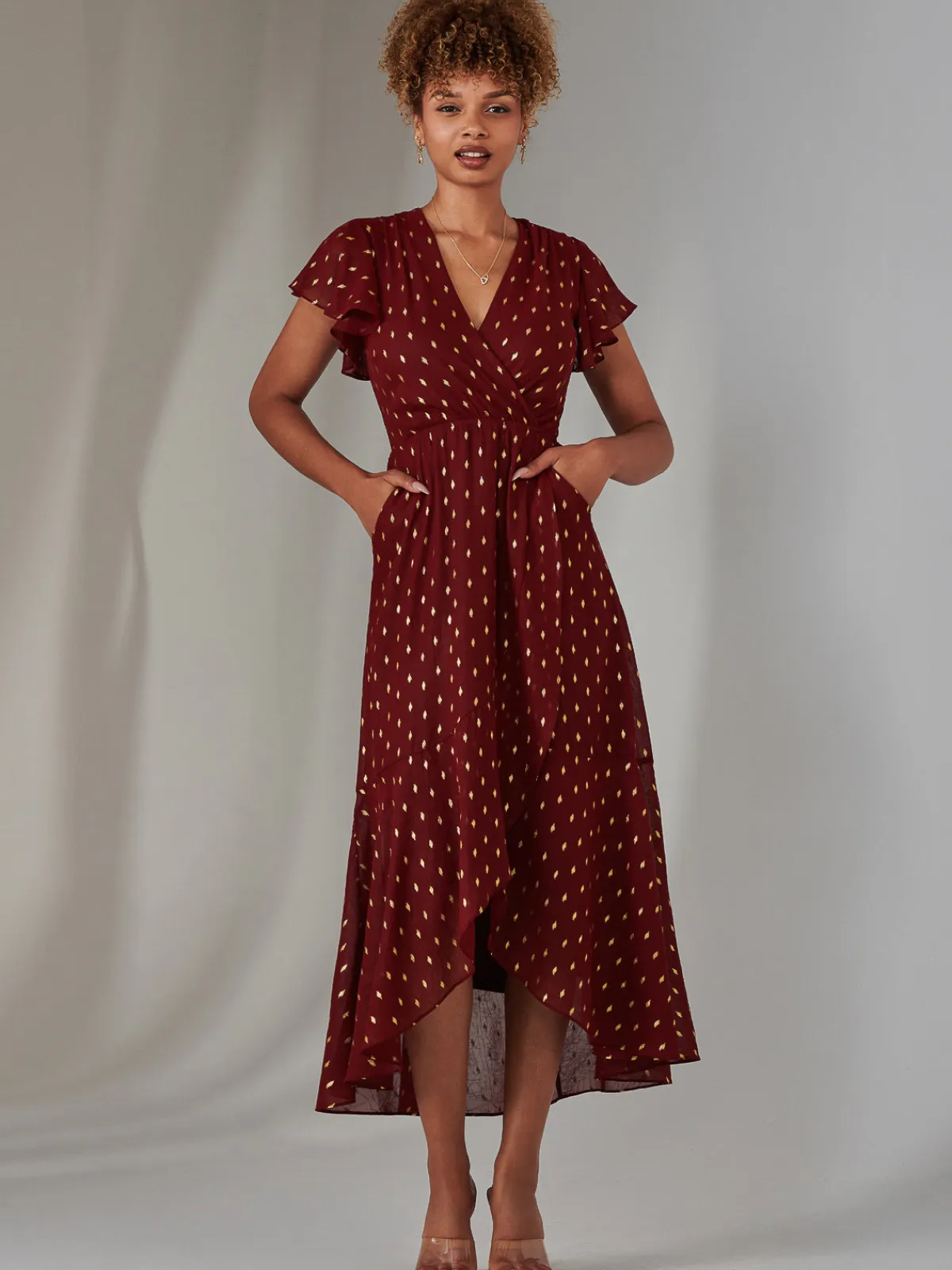 Jolie Moi Occasion Dresses|Wrap Dresses-Metallic Spot Textured Chiffon Maxi Dress, Burgundy