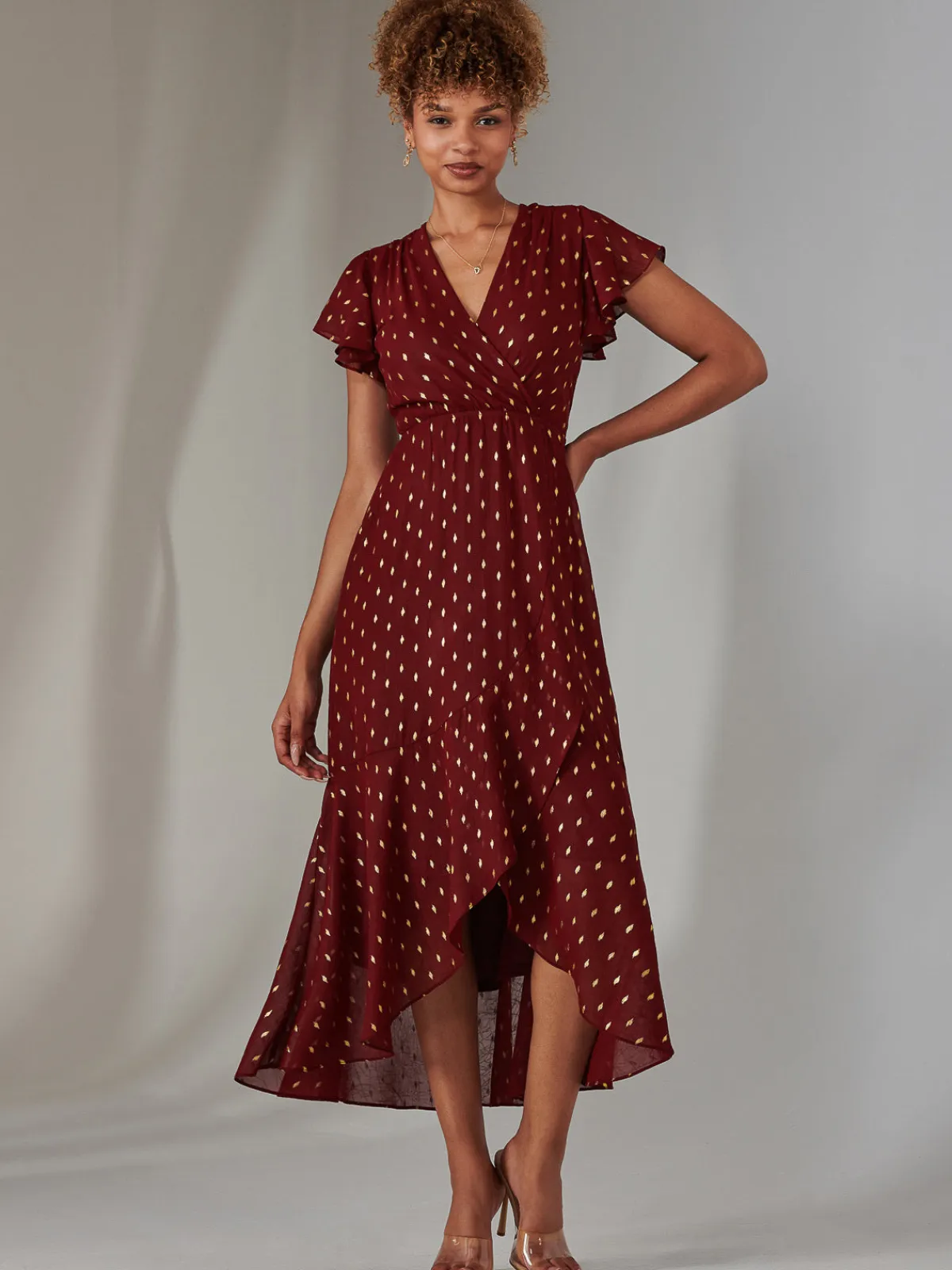 Jolie Moi Occasion Dresses|Wrap Dresses-Metallic Spot Textured Chiffon Maxi Dress, Burgundy