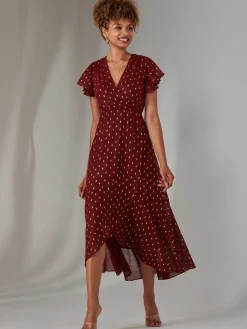 Jolie Moi Occasion Dresses|Wrap Dresses-Metallic Spot Textured Chiffon Maxi Dress, Burgundy