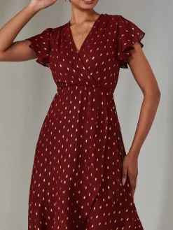 Jolie Moi Occasion Dresses|Wrap Dresses-Metallic Spot Textured Chiffon Maxi Dress, Burgundy