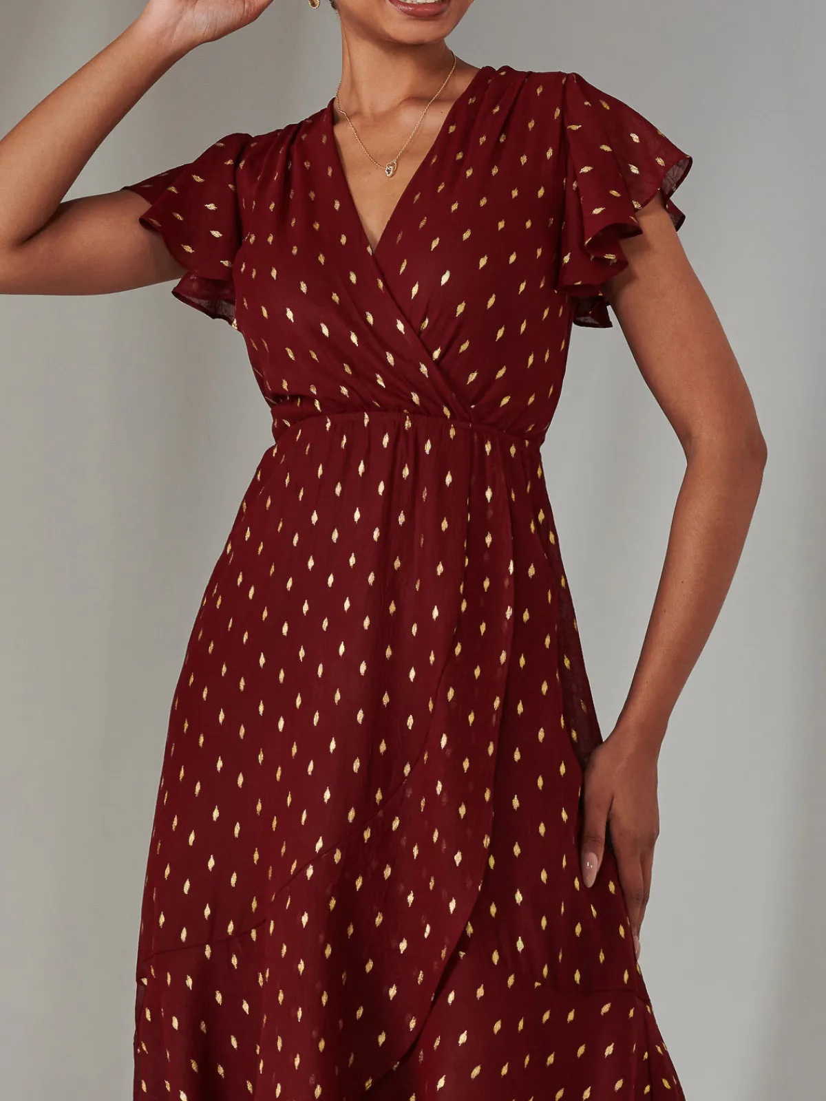 Jolie Moi Occasion Dresses|Wrap Dresses-Metallic Spot Textured Chiffon Maxi Dress, Burgundy