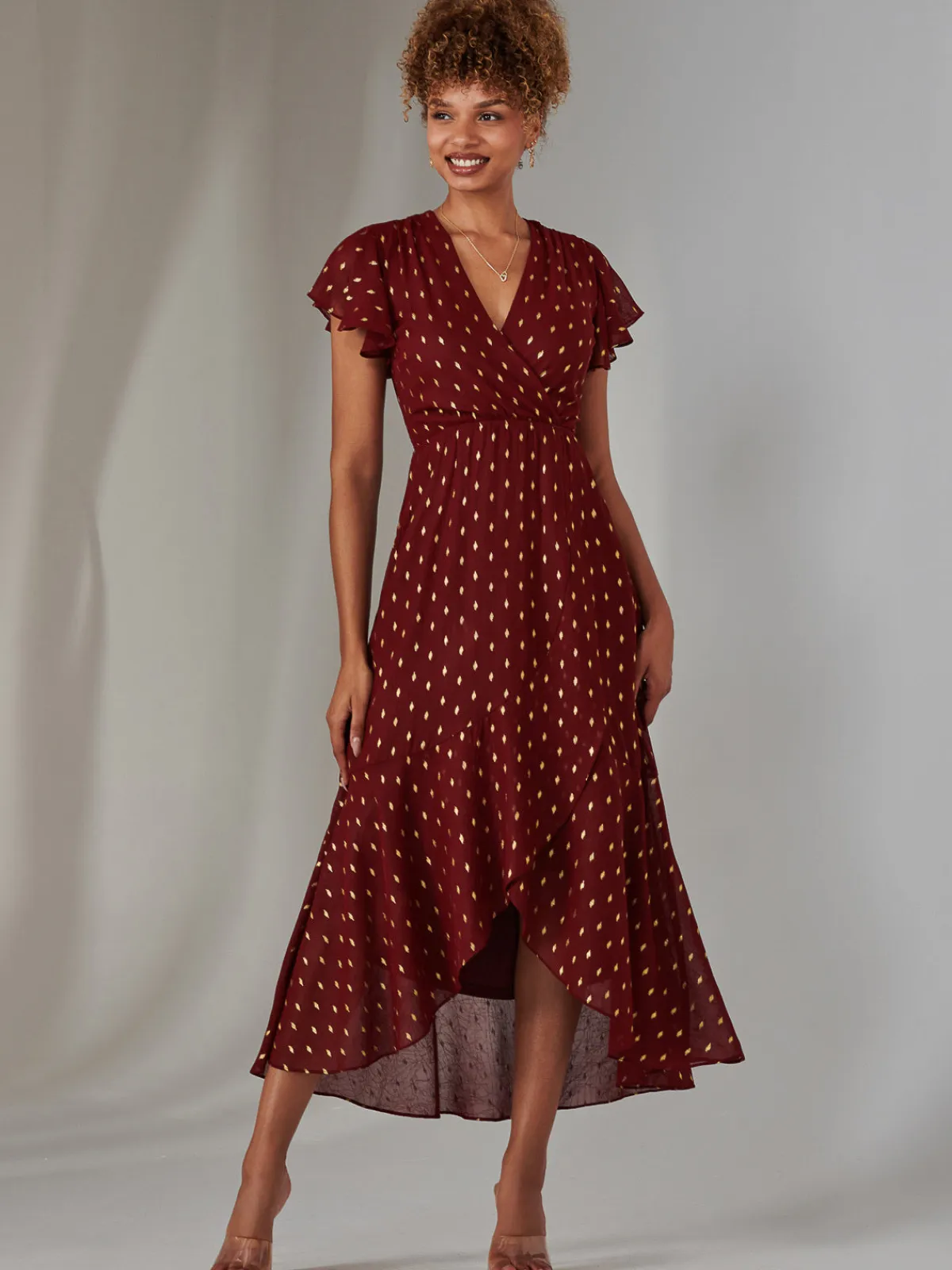 Jolie Moi Occasion Dresses|Wrap Dresses-Metallic Spot Textured Chiffon Maxi Dress, Burgundy
