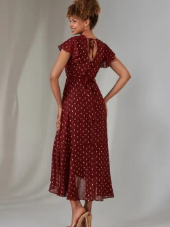 Jolie Moi Occasion Dresses|Wrap Dresses-Metallic Spot Textured Chiffon Maxi Dress, Burgundy