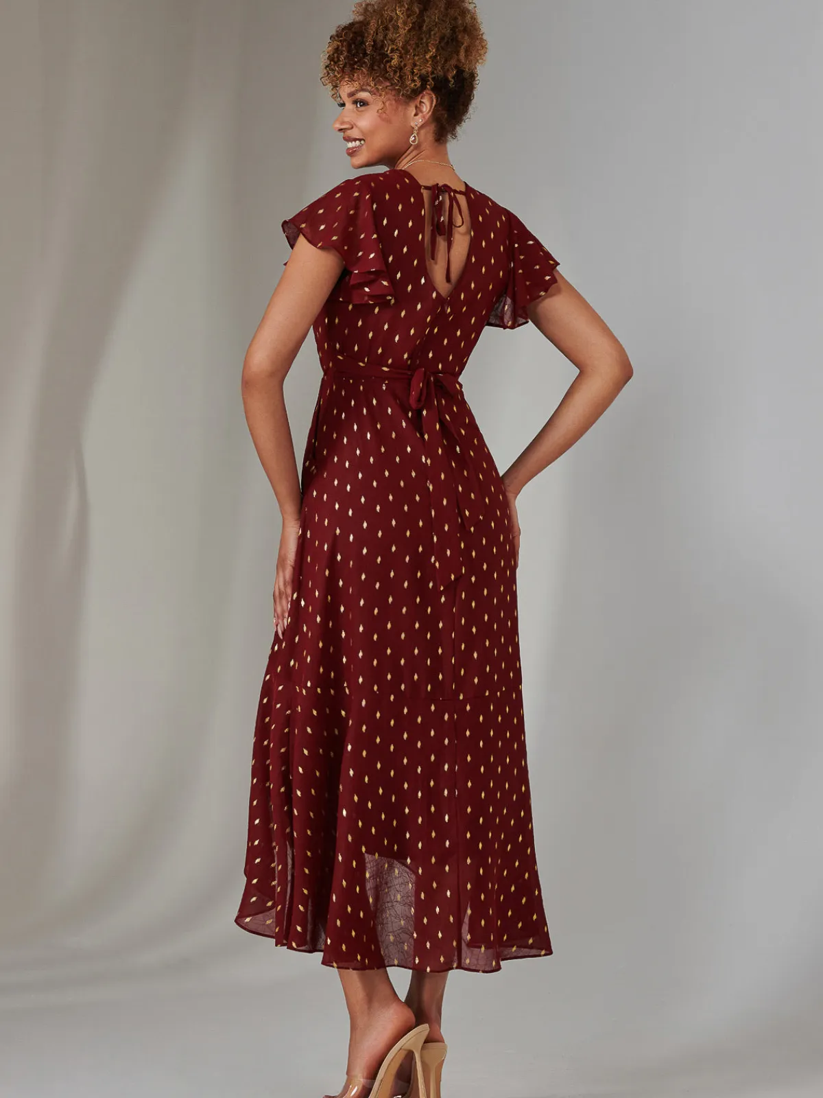 Jolie Moi Occasion Dresses|Wrap Dresses-Metallic Spot Textured Chiffon Maxi Dress, Burgundy