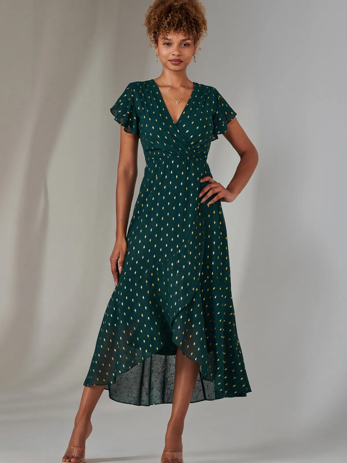 Jolie Moi Occasion Dresses|Wrap Dresses-Metallic Spot Textured Chiffon Maxi Dress, Dark Green