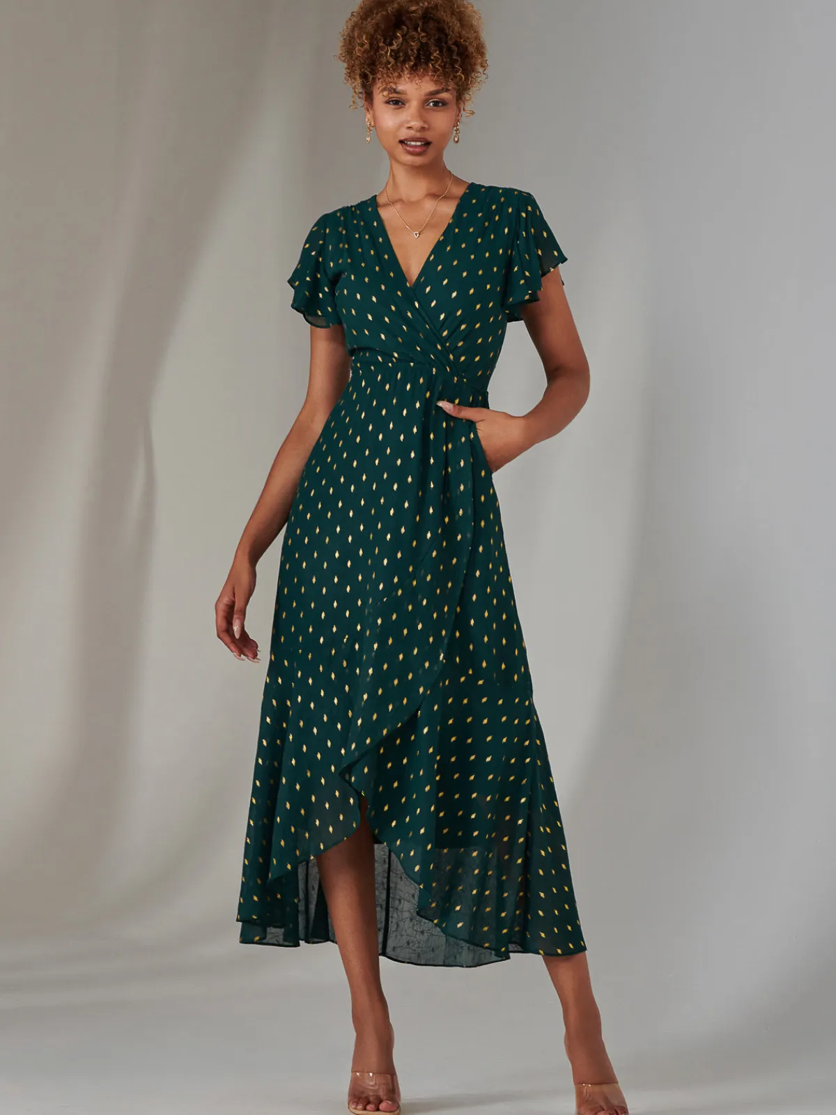 Jolie Moi Occasion Dresses|Wrap Dresses-Metallic Spot Textured Chiffon Maxi Dress, Dark Green
