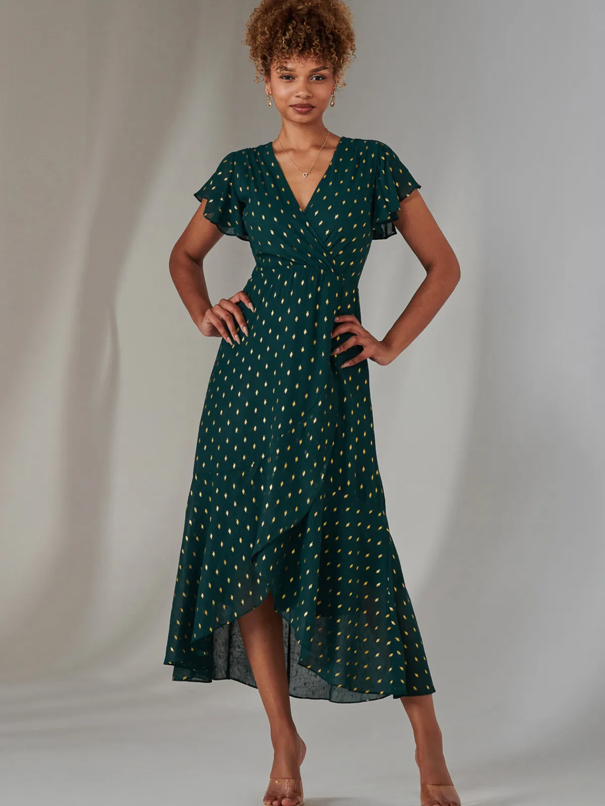 Jolie Moi Occasion Dresses|Wrap Dresses-Metallic Spot Textured Chiffon Maxi Dress, Dark Green