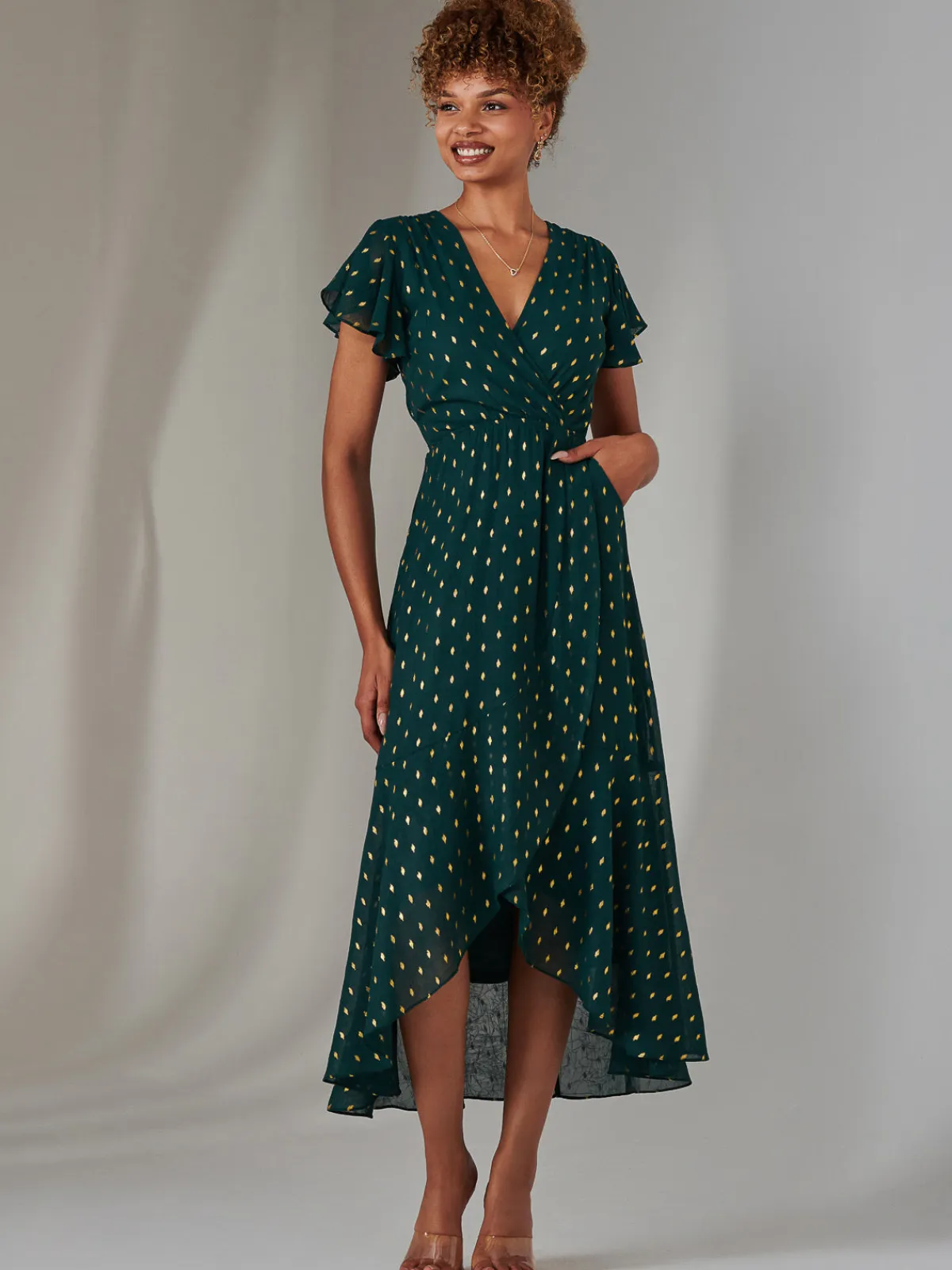 Jolie Moi Occasion Dresses|Wrap Dresses-Metallic Spot Textured Chiffon Maxi Dress, Dark Green