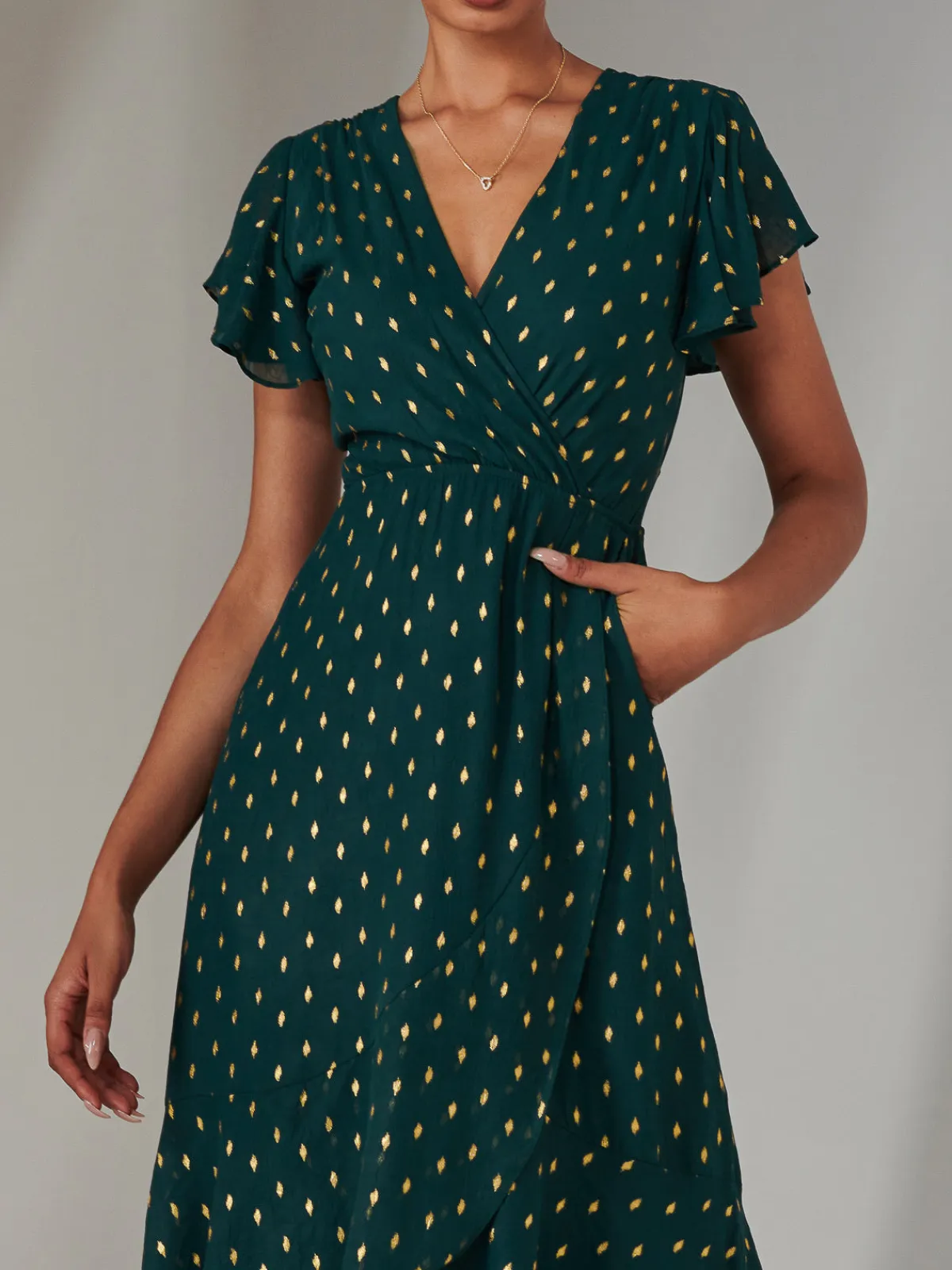 Jolie Moi Occasion Dresses|Wrap Dresses-Metallic Spot Textured Chiffon Maxi Dress, Dark Green