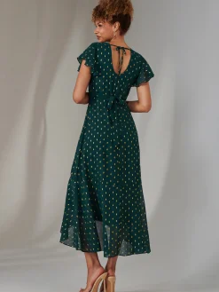 Jolie Moi Occasion Dresses|Wrap Dresses-Metallic Spot Textured Chiffon Maxi Dress, Dark Green