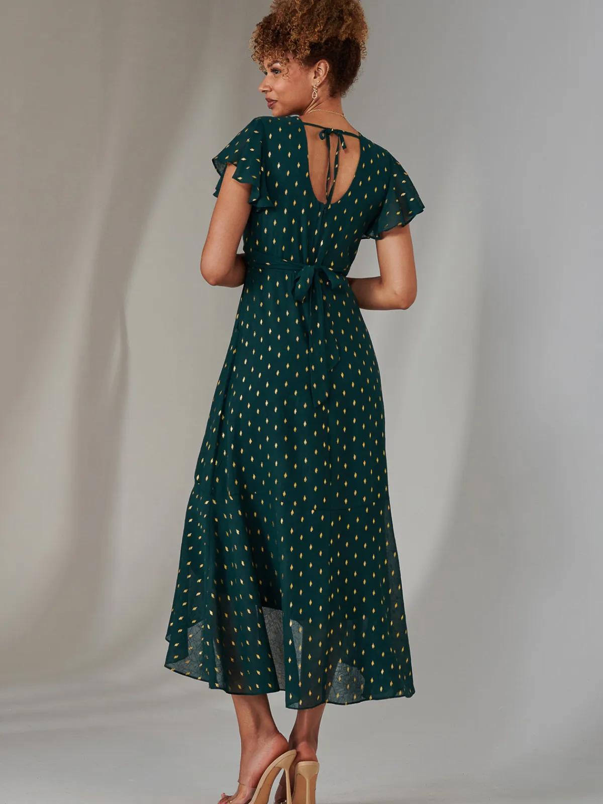 Jolie Moi Occasion Dresses|Wrap Dresses-Metallic Spot Textured Chiffon Maxi Dress, Dark Green