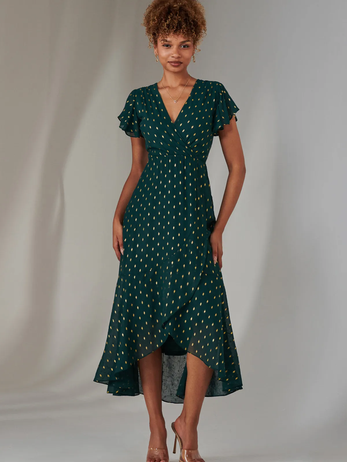 Jolie Moi Occasion Dresses|Wrap Dresses-Metallic Spot Textured Chiffon Maxi Dress, Dark Green