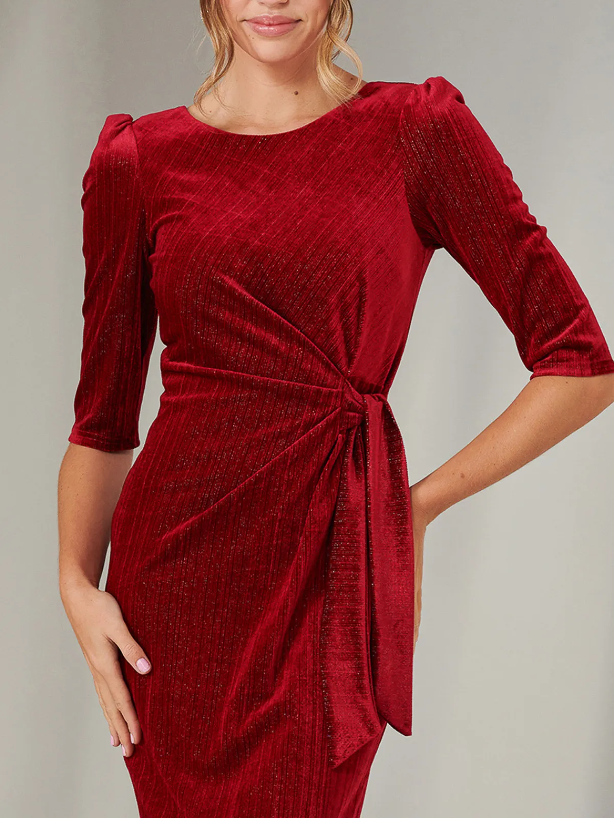 Jolie Moi Occasion Dresses|Velvet Dresses-Metallic Thread Velvet Midi Dress, Burgundy