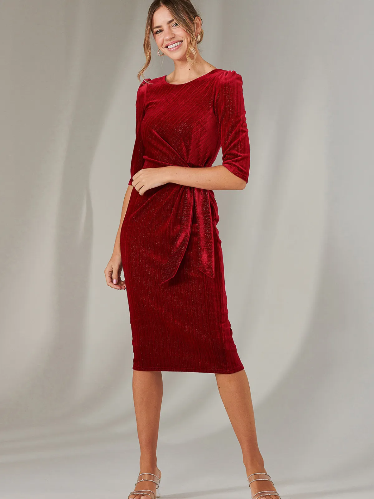 Jolie Moi Occasion Dresses|Velvet Dresses-Metallic Thread Velvet Midi Dress, Burgundy