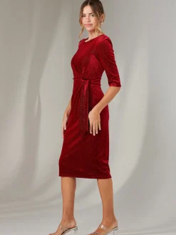 Jolie Moi Occasion Dresses|Velvet Dresses-Metallic Thread Velvet Midi Dress, Burgundy