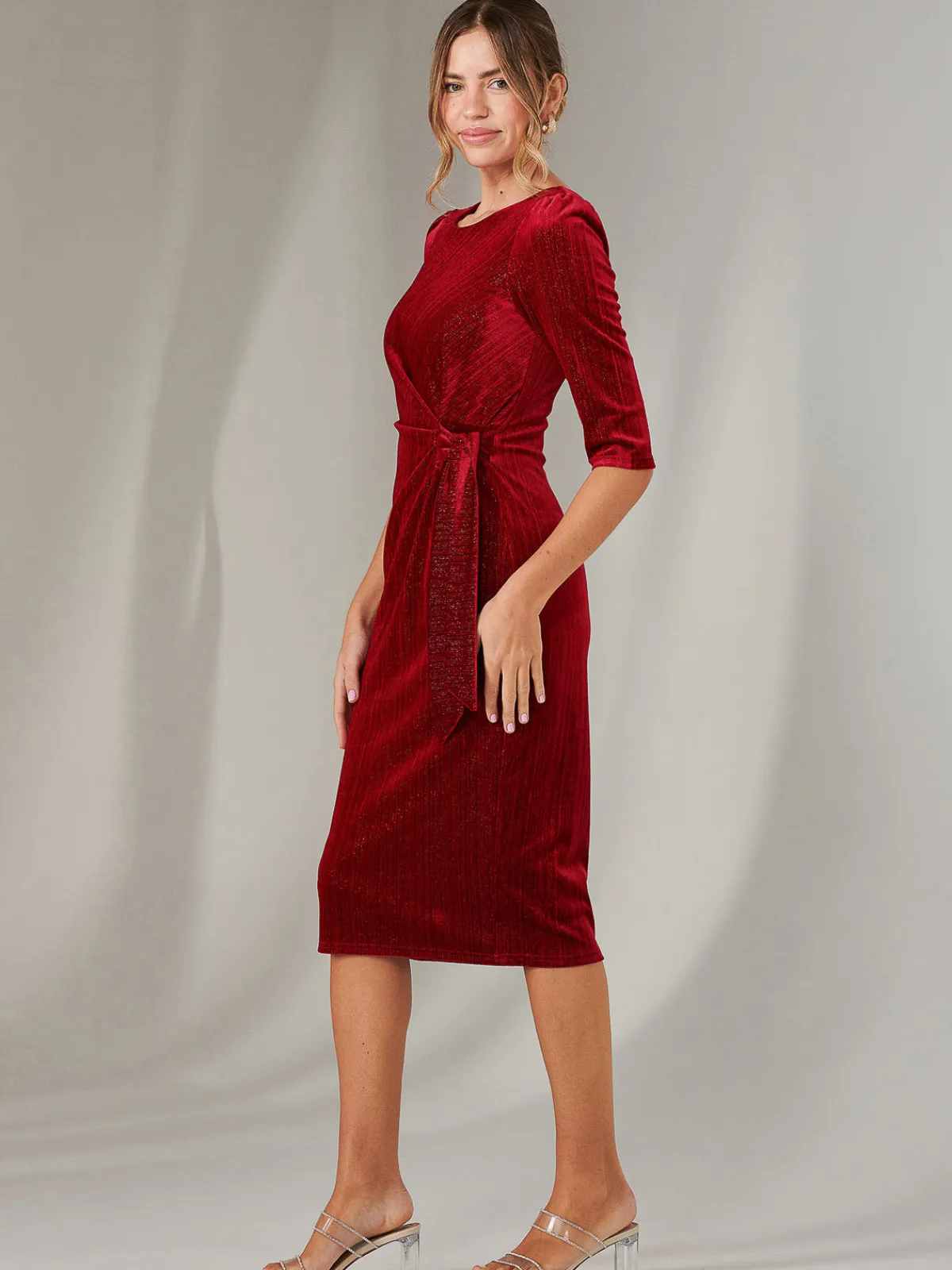 Jolie Moi Occasion Dresses|Velvet Dresses-Metallic Thread Velvet Midi Dress, Burgundy