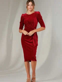 Jolie Moi Occasion Dresses|Velvet Dresses-Metallic Thread Velvet Midi Dress, Burgundy