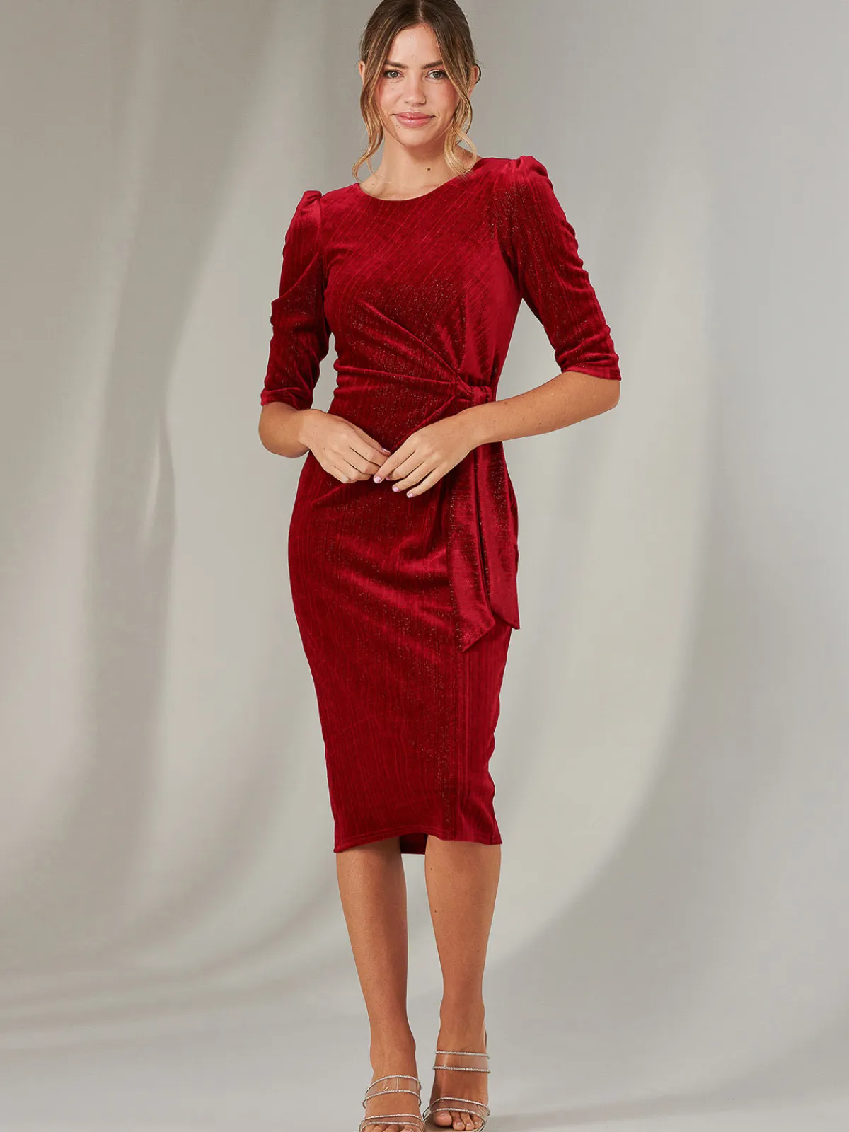 Jolie Moi Occasion Dresses|Velvet Dresses-Metallic Thread Velvet Midi Dress, Burgundy