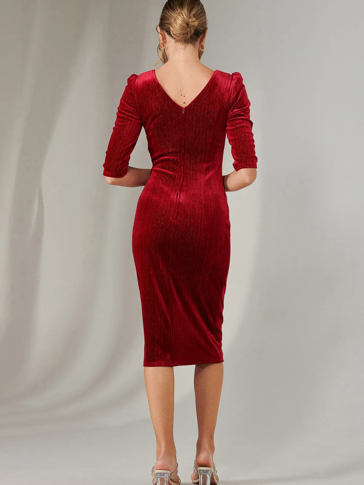 Jolie Moi Occasion Dresses|Velvet Dresses-Metallic Thread Velvet Midi Dress, Burgundy