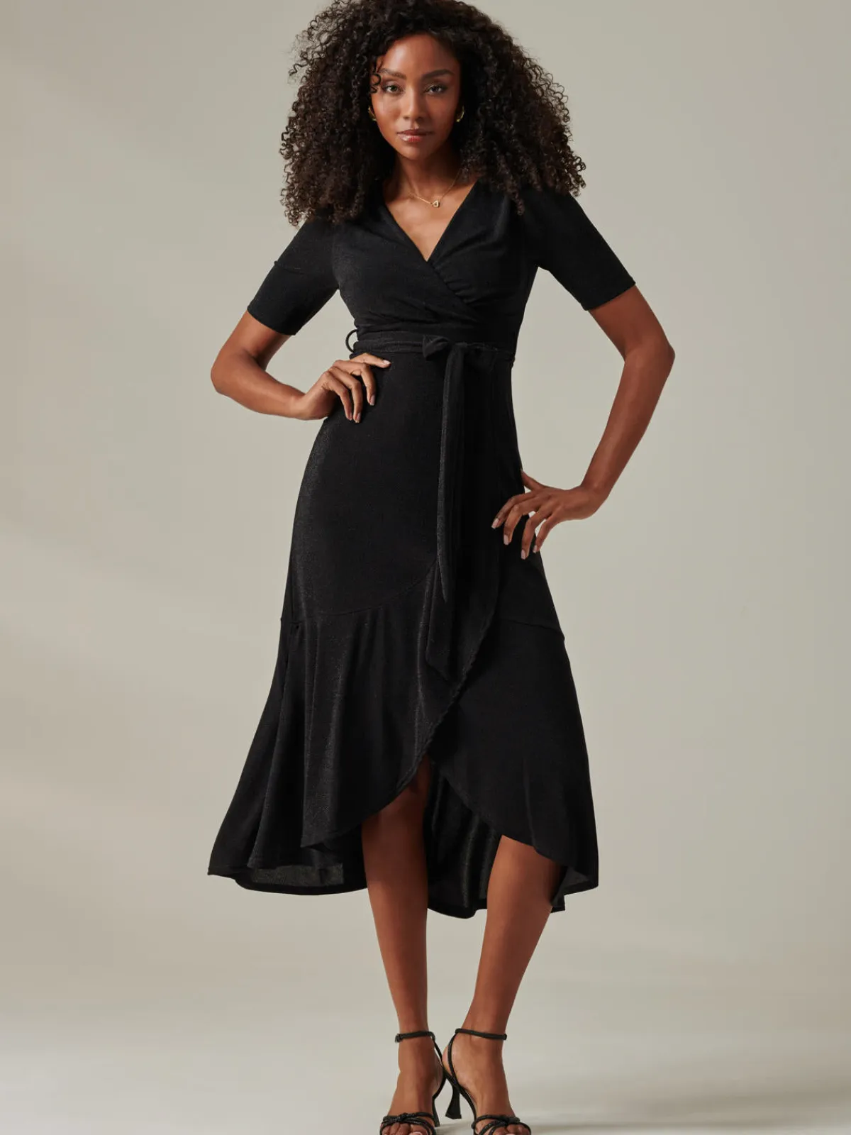 Jolie Moi Occasion Dresses|Party Dresses-Metallic Tie Waist Wrapped Maxi Dress, Black