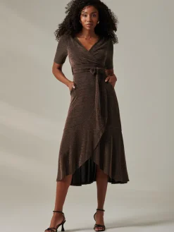 Jolie Moi Occasion Dresses|Party Dresses-Metallic Tie Waist Wrapped Maxi Dress, Black/Gold