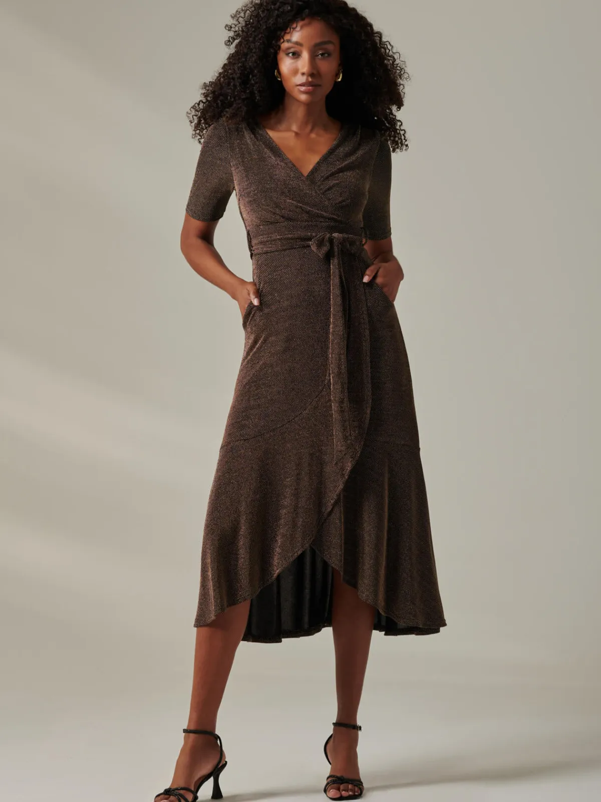 Jolie Moi Occasion Dresses|Party Dresses-Metallic Tie Waist Wrapped Maxi Dress, Black/Gold