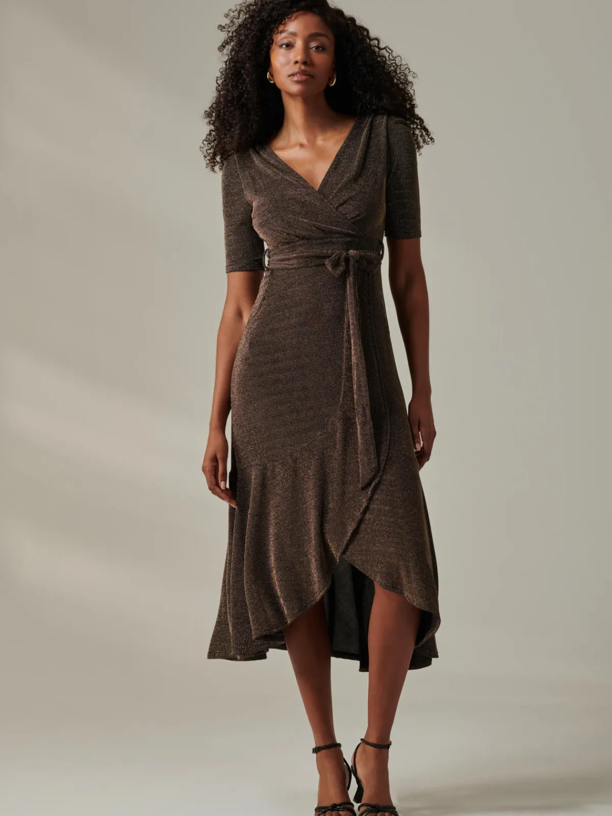 Jolie Moi Occasion Dresses|Party Dresses-Metallic Tie Waist Wrapped Maxi Dress, Black/Gold