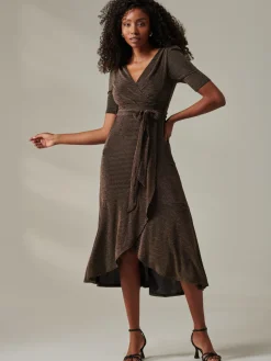 Jolie Moi Occasion Dresses|Party Dresses-Metallic Tie Waist Wrapped Maxi Dress, Black/Gold