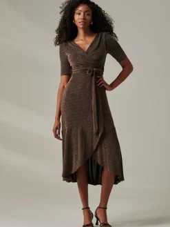 Jolie Moi Occasion Dresses|Party Dresses-Metallic Tie Waist Wrapped Maxi Dress, Black/Gold