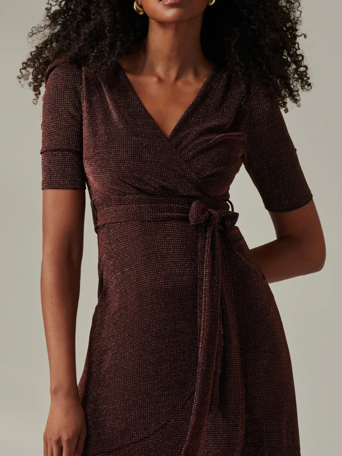 Jolie Moi Occasion Dresses|Wrap Dresses-Metallic Tie Waist Wrapped Maxi Dress, Gold/Red