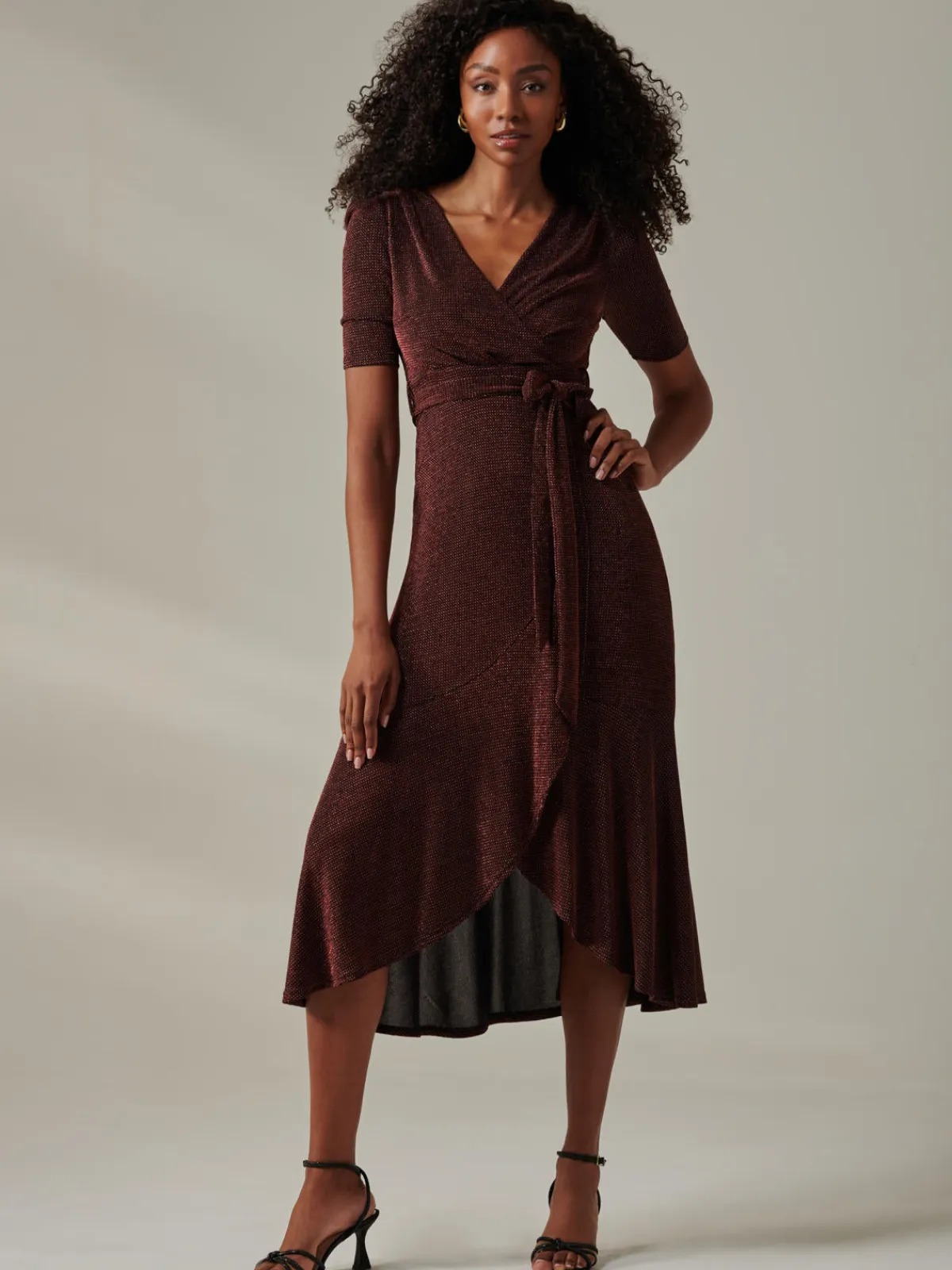 Jolie Moi Occasion Dresses|Wrap Dresses-Metallic Tie Waist Wrapped Maxi Dress, Gold/Red