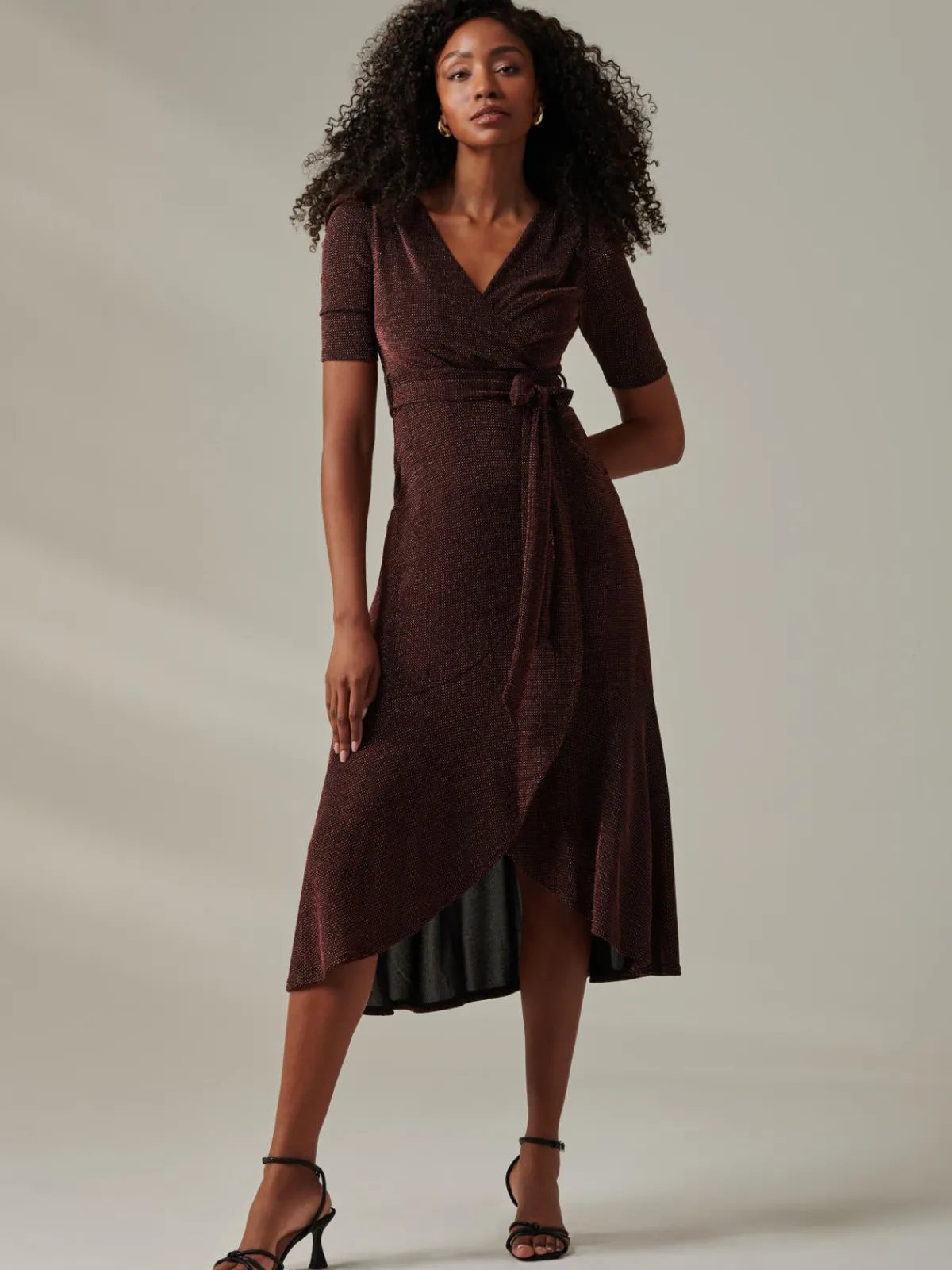 Jolie Moi Occasion Dresses|Wrap Dresses-Metallic Tie Waist Wrapped Maxi Dress, Gold/Red