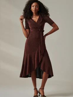 Jolie Moi Occasion Dresses|Wrap Dresses-Metallic Tie Waist Wrapped Maxi Dress, Gold/Red