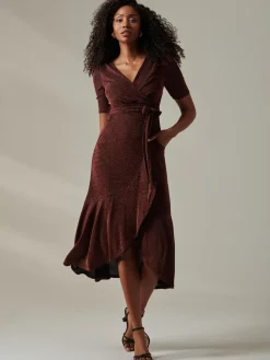 Jolie Moi Occasion Dresses|Wrap Dresses-Metallic Tie Waist Wrapped Maxi Dress, Gold/Red