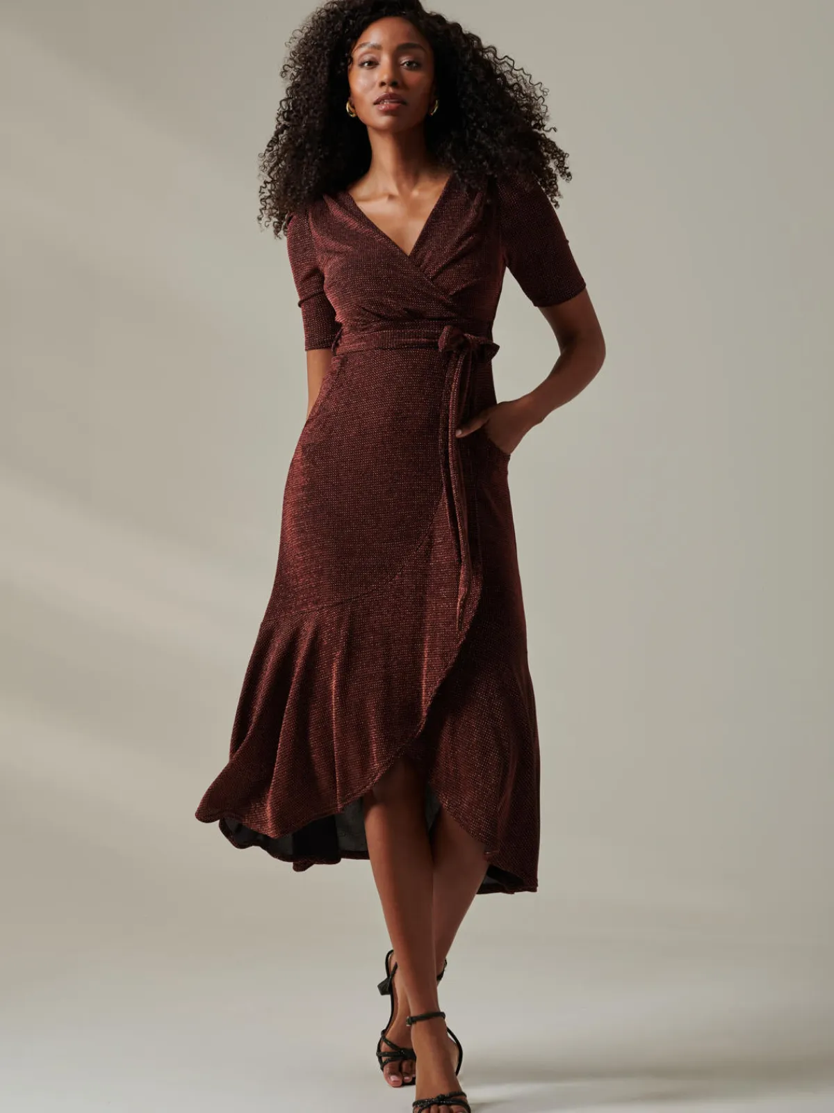 Jolie Moi Occasion Dresses|Wrap Dresses-Metallic Tie Waist Wrapped Maxi Dress, Gold/Red
