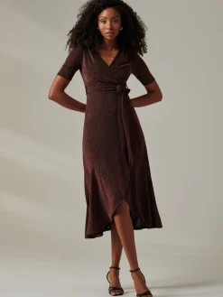 Jolie Moi Occasion Dresses|Wrap Dresses-Metallic Tie Waist Wrapped Maxi Dress, Gold/Red