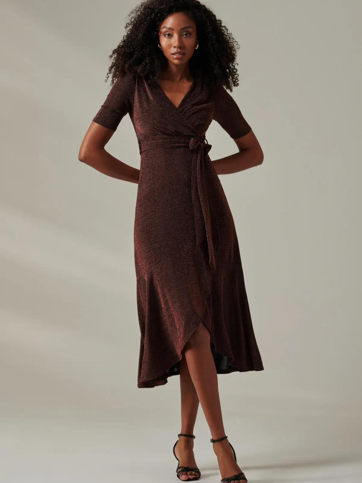 Jolie Moi Occasion Dresses|Wrap Dresses-Metallic Tie Waist Wrapped Maxi Dress, Gold/Red