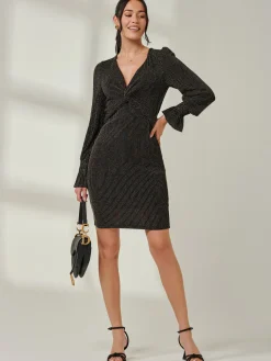Jolie Moi Occasion Dresses|Party Dresses-Metallic Twist Front Bodycon Dress, Black Multi