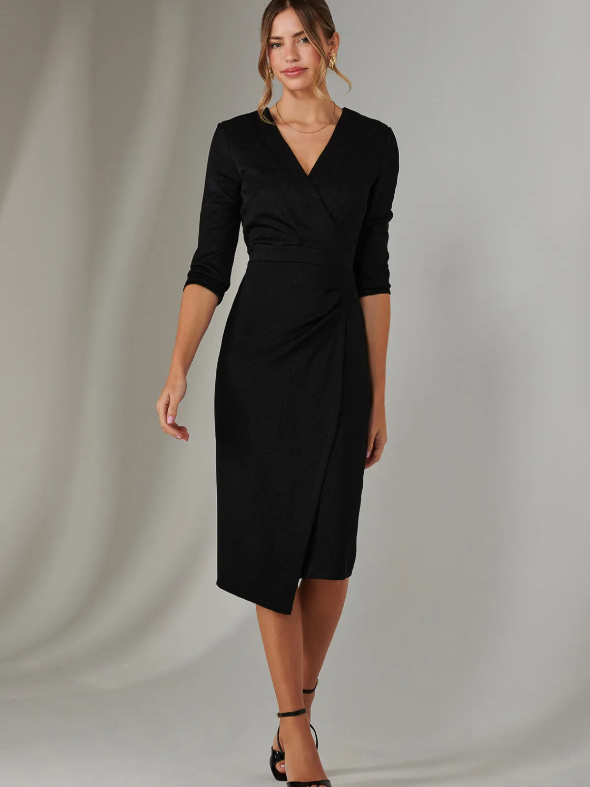 Jolie Moi Occasion Dresses|Wrap Dresses-Metallic Wrap Bodycon Dress, Black